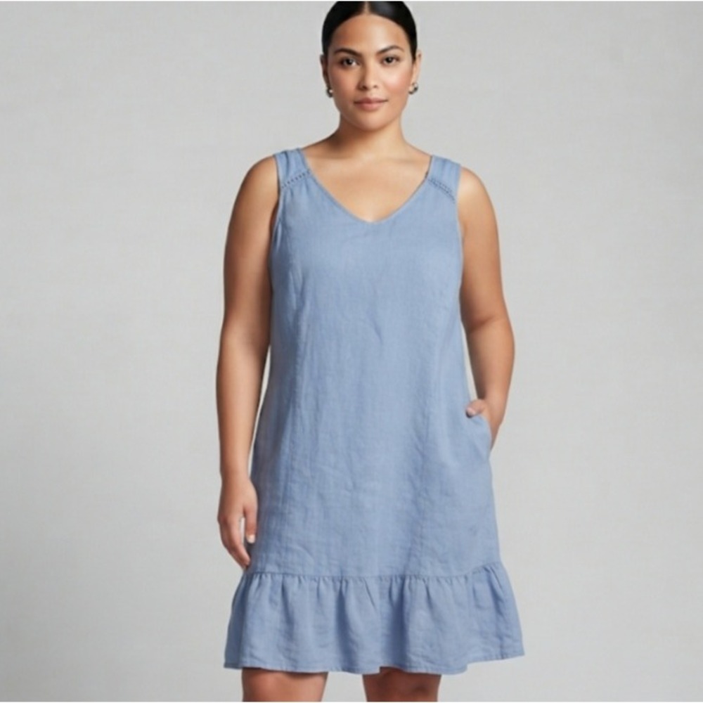 Terzo Millennio Blue 100% Linen Ruffle Hem Tie Back Shift Dress Made in Italy L